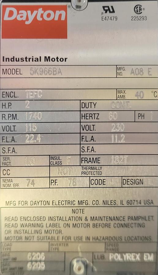 Used Dayton 5K966BA - 2 HP TEFC 230 V 182T frame motor