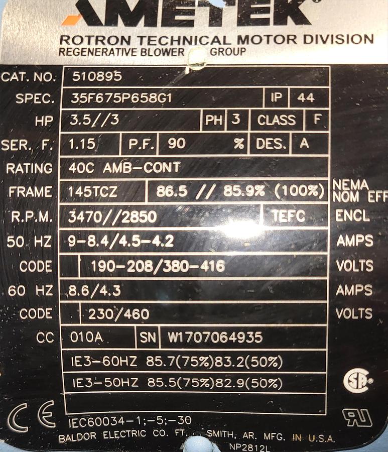 Used Ametek regenerative blower 3.5 HP TEFC 3 PH 230 / 460 V cat# 51895 RPM