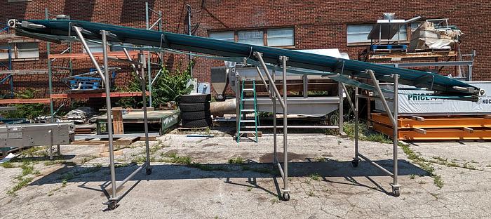 Used Blue belt stainless incline conveyor on wheels 22' long 30" wide thermodrive belt