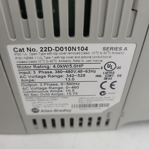 Used Allen-Bradley 22D-D010N104 Powerflex 40 Ser.A