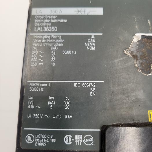Used Square D LAL36350 Molded Case Circuit Breaker, LAL Series, 350A, 3 Pole, 600V AC, 42kA at 240V AC