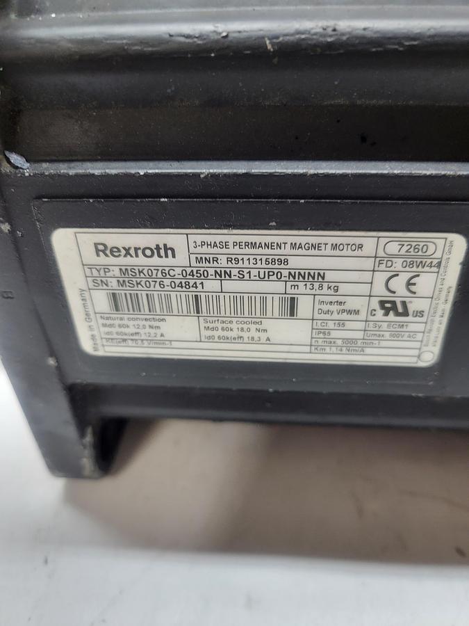 Used Rexroth MSK076C-0450-NN-S1-UP0-NNNN w/RKL4302 AWM Style Cable 112"