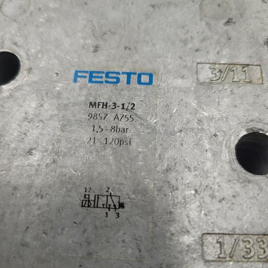 Used FESTO MFH-3-1/2 9857 A755 pneumatic valve & FESTO SOLENOID COIL MSFG-24/42-50/60-OD & FITTINGS W/ MUFFLER