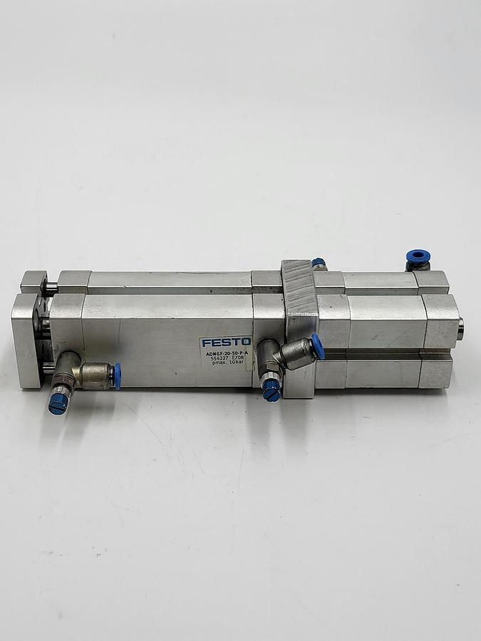 Used Festo compact cylinder ADNGF-20-50-P-A / 554227 & connected compact cylinder ADN-20-15-I-P-A / 536244