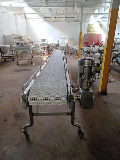 Used Stainless Steel plastic belt conveyor 18' long 36" wide 38" tall on wheels