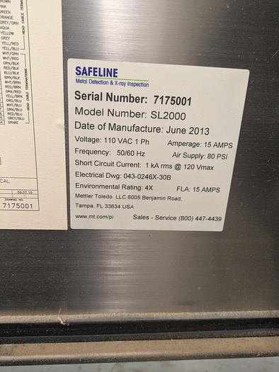 Used Safeline metal detector, 12 1/4" tall x 13 3/4" wide, Stainless conveyor, pne2013umatic reject