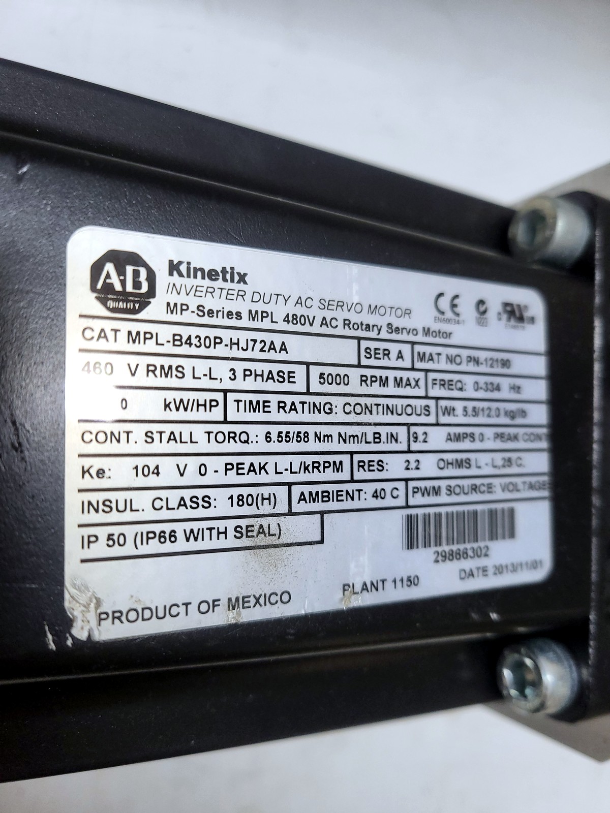 Allen-Bradley / Rockwell Automation (Kinetix) with Neugart gearbox MPL-B430P-HJ72AA nameplate