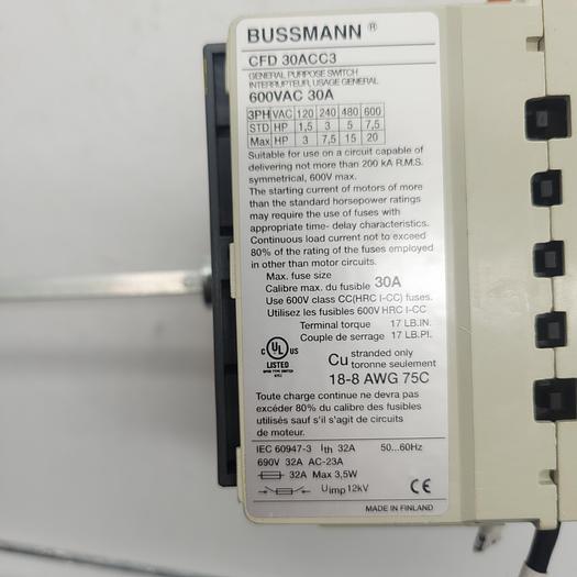 Used Bussman CFD 30ACC3 General Purpose Switch