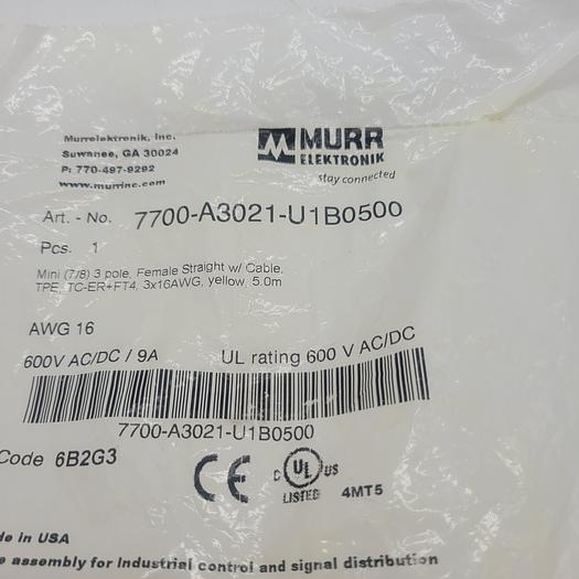 Murr Elektronik 7700-A3021-U1B0500 3 Pole Female Straight Cable
