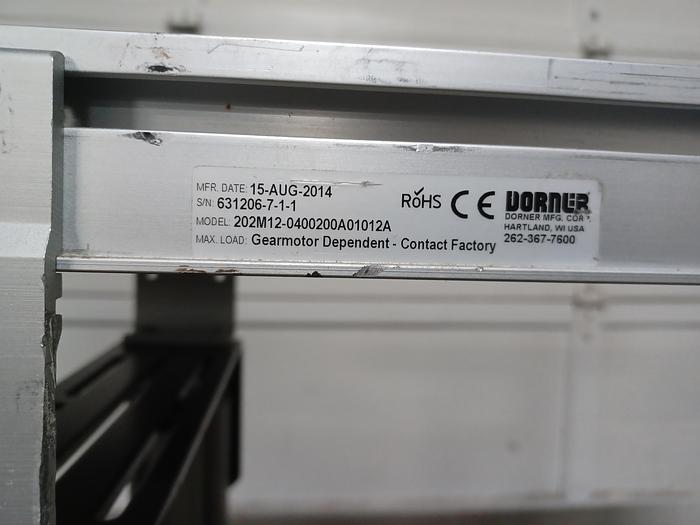 Used Dorner 2200 12" wide 4' long 34" tall PVC belt aluminum frame adjustable legs for height and angle. 277/480 3 phase