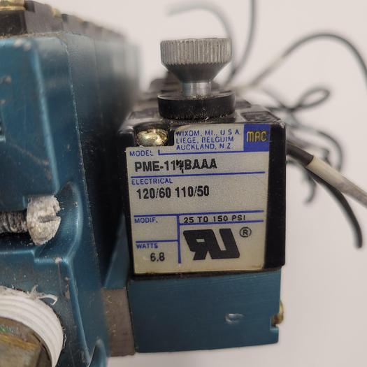 Used MAC SEVEN 914B-PM-114BA Solenoid Valves connected as a manifold with hanging bracket