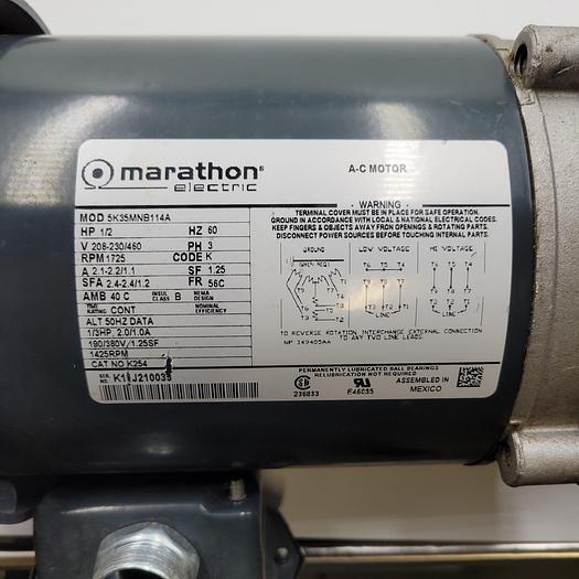 Used Marathon 1/2 HP motor 1725 RPM 56C Frame 208-230/460 & Boston gearbox F715-20-B5-H / 547923 51907