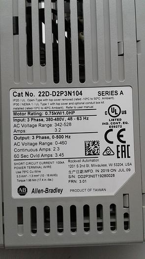 Used Allen-Bradley PowerFlex40 Short Circuit Current 100KA Power Terminal Wire 22D-D2P3N104