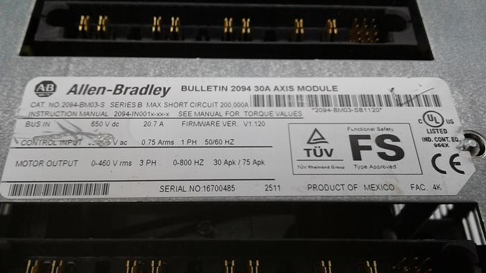 Used Allen-Bradley Bulletin 2094 30A Axis Module 2094-BM03-S Ser.B Max Short Circuit
