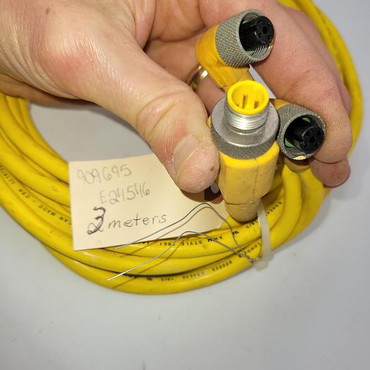 Used Lumberg Automation 909695 / E24546 ( ASB2-RKT4/3-695-3M ) dual 90 Deg end female / 3 Meters long w/ Splitter 4 prong male