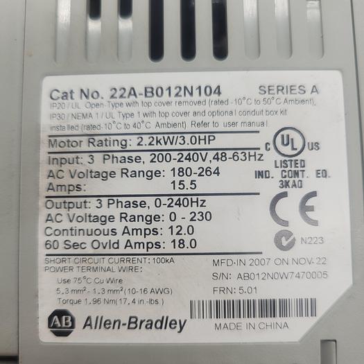 Used Allen-Bradley Power Flex 4 22A-B012N104