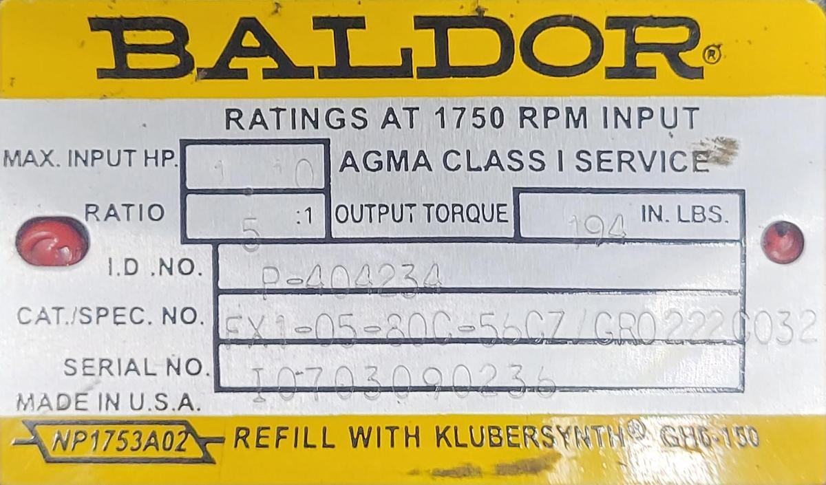 Used Baldor conveyor motor/trans .37 KW 1750 rpm TEFC Frame: D80C / 34-6545-3674G1 TRANS: CAT FX1-05-80C-56CZ / GR0222C032
