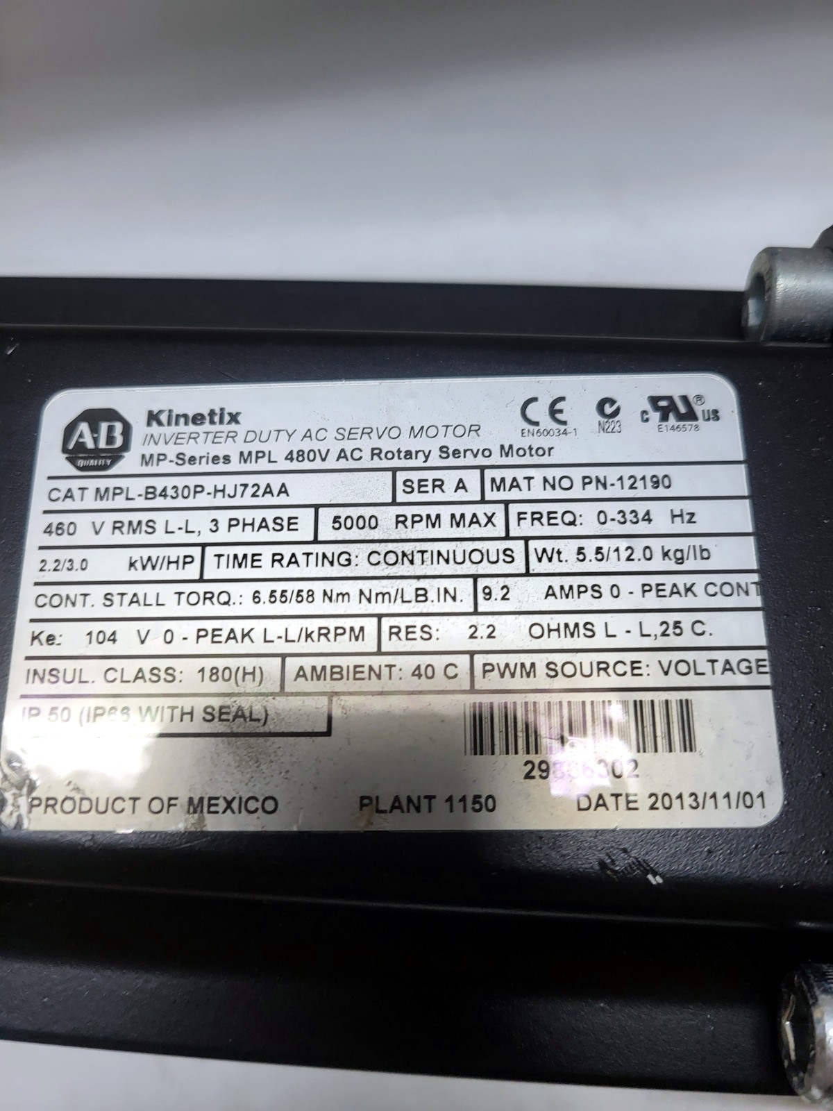 Allen-Bradley / Rockwell Automation (Kinetix) with Neugart gearbox MPL-B430P-HJ72AA nameplate