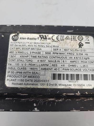 Used Allen-Bradley Inverter Duty AC Servo Motor MPL-B330P-MK72AA Ser.A