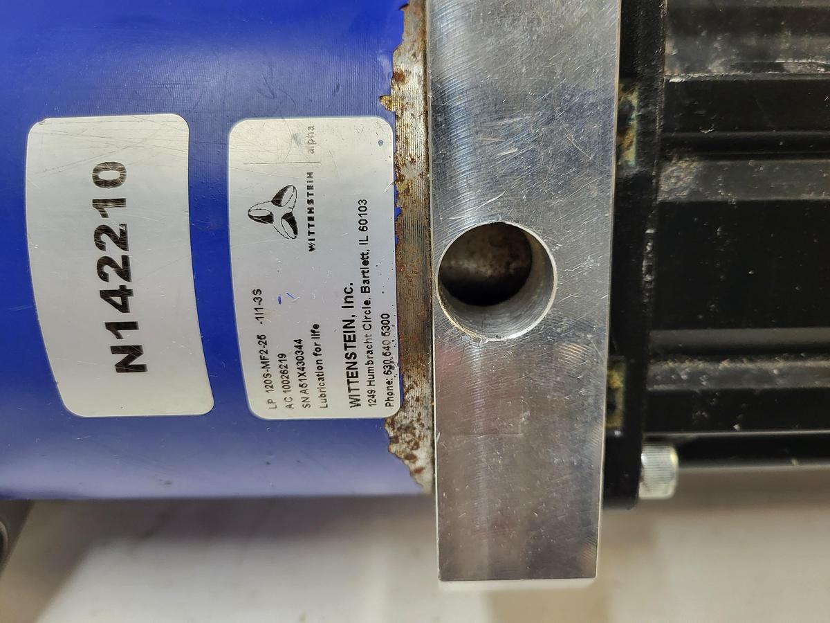 Used Allen Bradley MPL-B430P-MK74AA servo motor & Wittenstein LP 120S-MF2-25 Planetary Gear Reducer w/ arm & mounting plate
