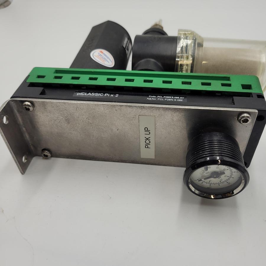 Used PIAB Vacuum pump with silencer PCL.P2BN.S.08E.SV & Vacuum filter 1/2" NPT PP8F.75-X35 & Gauge