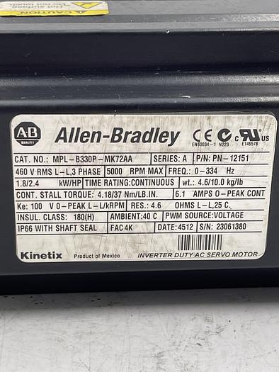 Used Allen-Bradley MPL-B330P-MK72AA Ser A