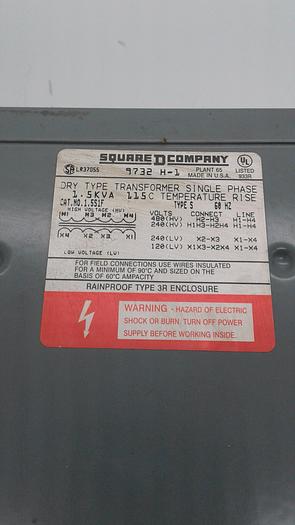 Used Square D 9732 H-1 Dry Type Transformer Single Phase 1.5KVA 115C Temperature Rise