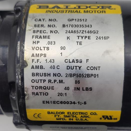 Used BALDOR GP12512 .083 HP motor K frame with 50B16SS sprocket
