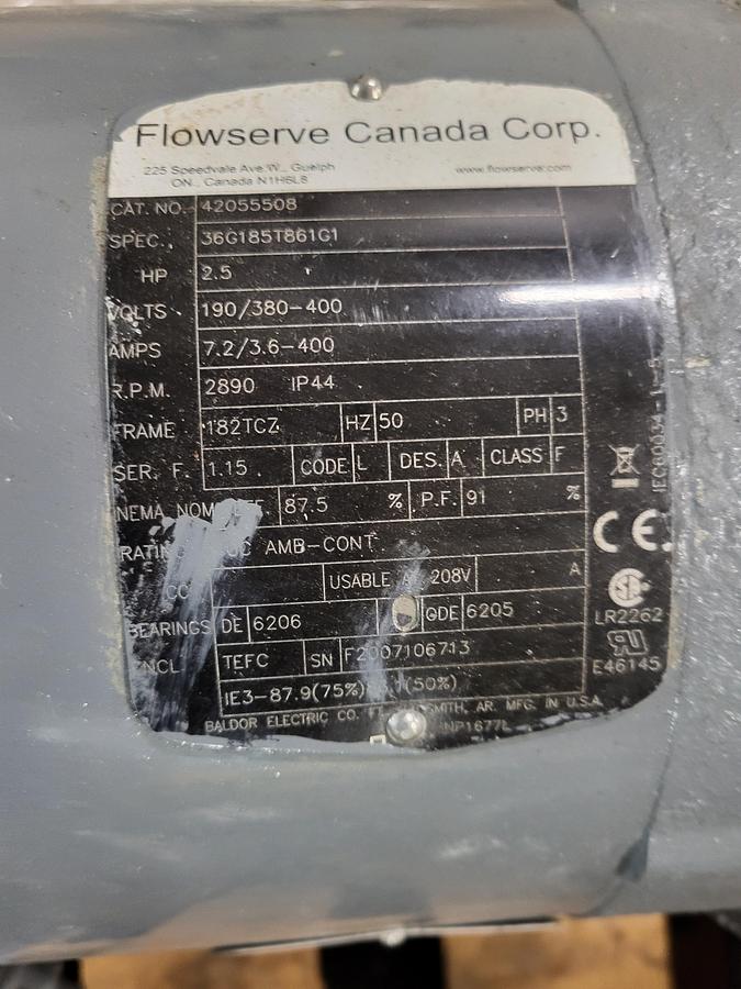 Used Flowserve motor & pump 42055508 3 HP 208-230/460 v 3500 rpm / pump: stk#10117250 / 1850842-01