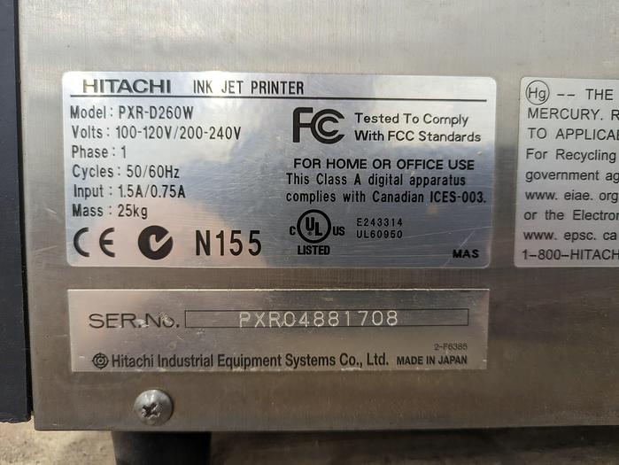 Used Hitachi Ink Jet Printer PXR-D260W 1PH Volts 100-120V/200-240V