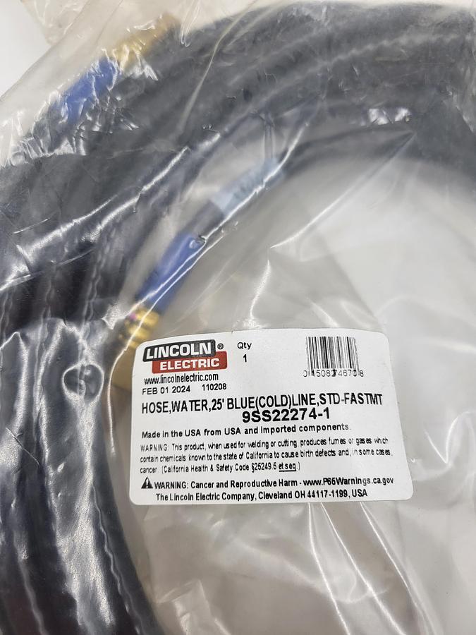 Lincoln Electric 9SS22274-1 BLUE (cold) line water hose 25' long *NEW in sealed bag*