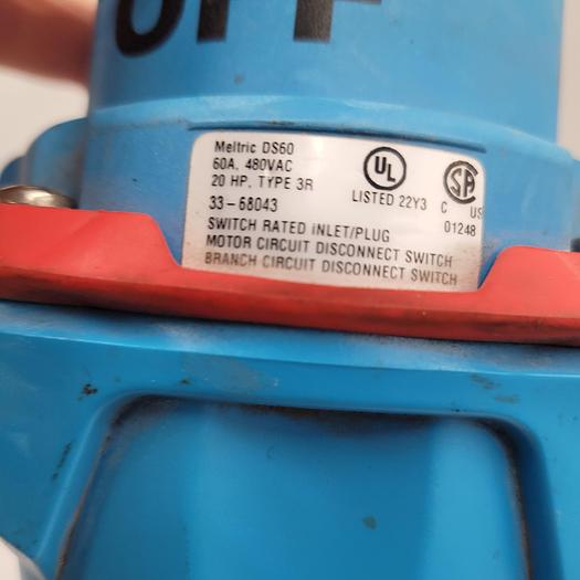 Used Meltric 33-68043 DS60 INLET POLY BLUE SIZE 4 / 60A 480 VAC 60 Hz & 9' of 12/4 SOOW 600V cable w/ end fitting