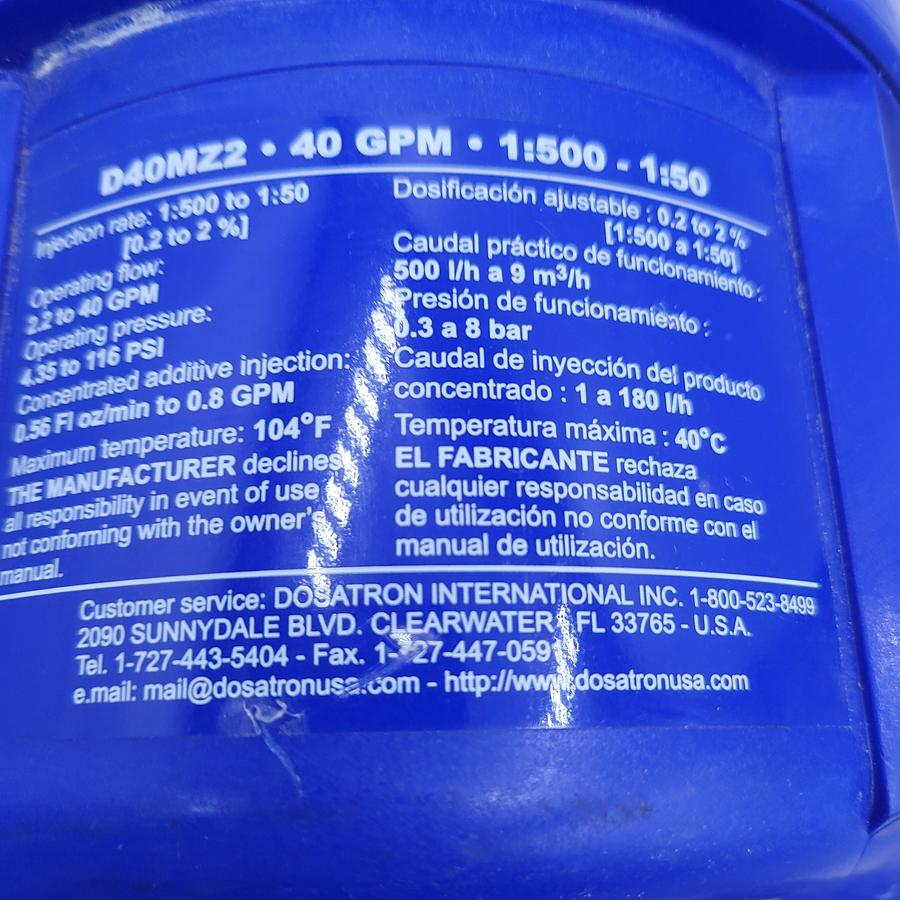 Used DOSATRON D40MZ2 Water-Powered Chemical Injector | 40 GPM