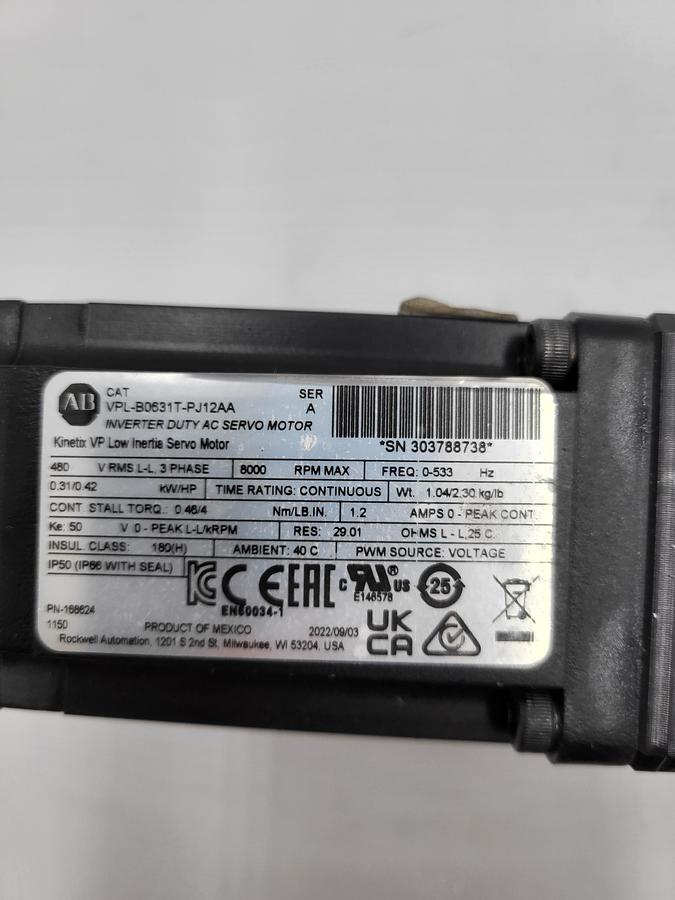 Used Allen Bradley VPL-B0631T-PJ12AA Inverter Duty AC servo motor 168624 & THK SKR33 DIRECT MOTOR MOUNT