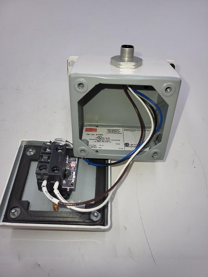 Used nVent HOFFMAN E1PBG Steel Enclosure NEMA13, IP65 & one wired Allen Bradley pushbutton 800F-N3W