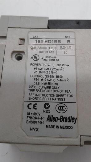 Used Allen-Bradley E1 Plus 193-ED1BB Trip Class