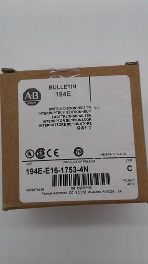 Used Allen Bradley BULLETIN 194E Switch Disconnector 194E-E16-1753-4N 