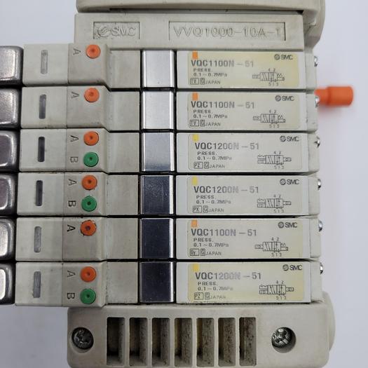 Used SMC VVQ1000-10A-1 BASE with 3 VQC12000N-51 & 3 VQC11000N-51 SOLENOID VALVES