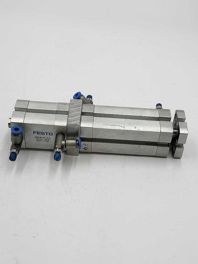 Used Festo compact cylinder ADNGF-20-50-P-A / 554227 & connected compact cylinder ADN-20-15-I-P-A / 536244