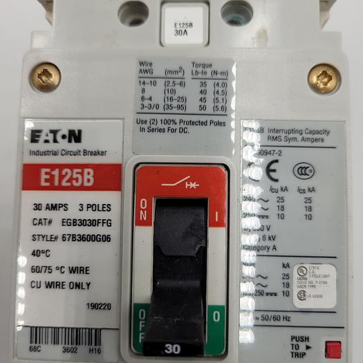 Used EATON E125B EGB3030FFG CIRCUIT BREAKER & EXTENSION ON/OFF LEVER 190830-T