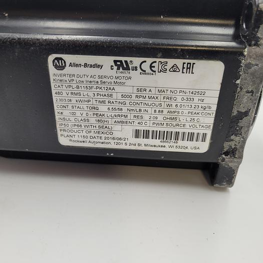 Used ALLEN BRADLEY AC SERVO MOTOR VPL-B1153F-PK12AA