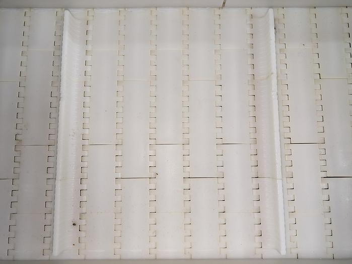 Used elevator, stainless steel frame, 17" wide, 11' long, plastic modular belt, adjustable legs, casters.