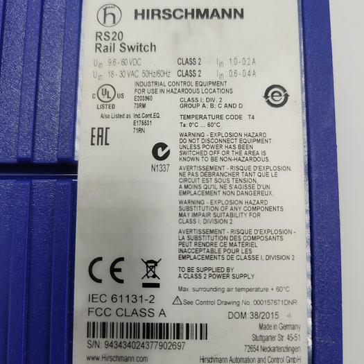 Used HIRSCHMANN RS20 RAIL SWITCH