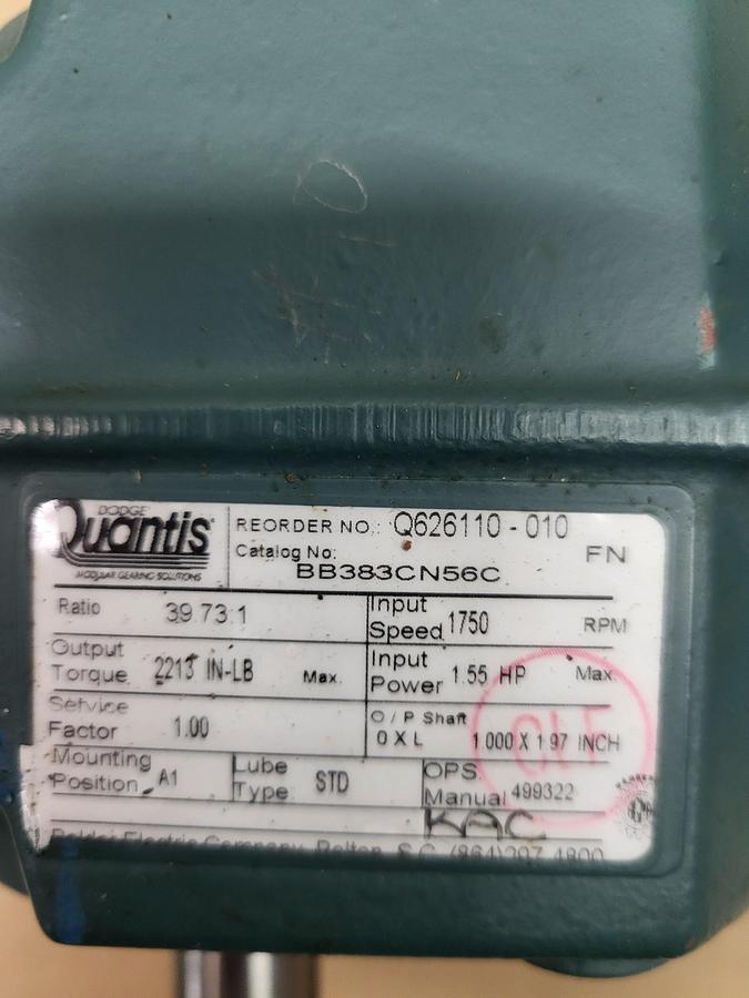 Dodge Quantis BB383CN56C Right Angle Gearbox 1750RPM 1.55HP OP shaft 1.0 x 1.97" no box