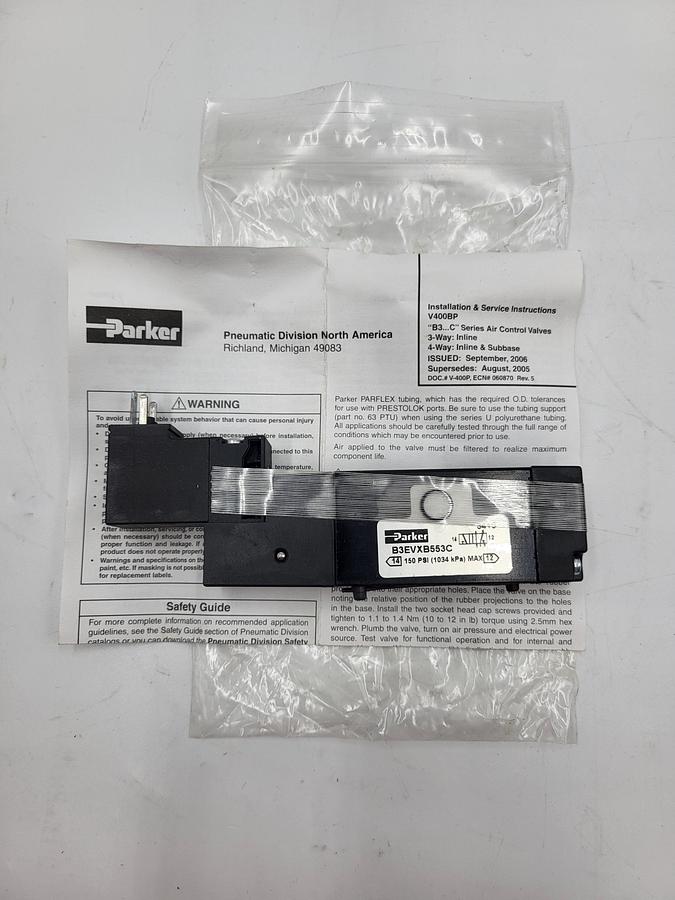 Used Parker B3EVXB553C subbase-mounted 4-way, 2-position pneumatic solenoid valve