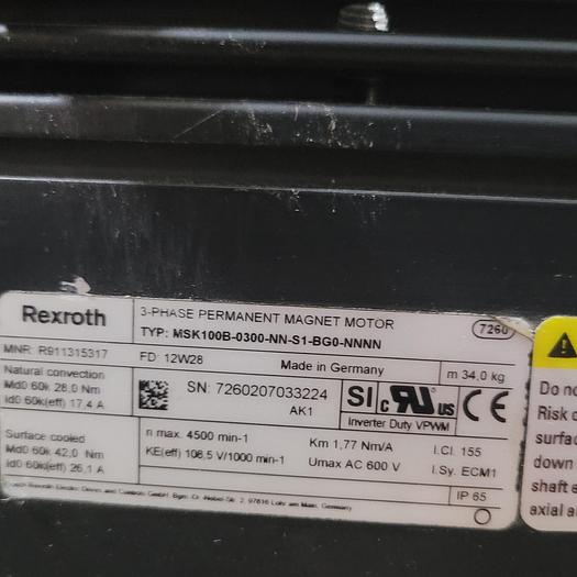 Refurbished REXROTH 3 PH MOTOR R911315317 / MSK100B-0300-NN-S1-BG0-NNNN *REFURB*