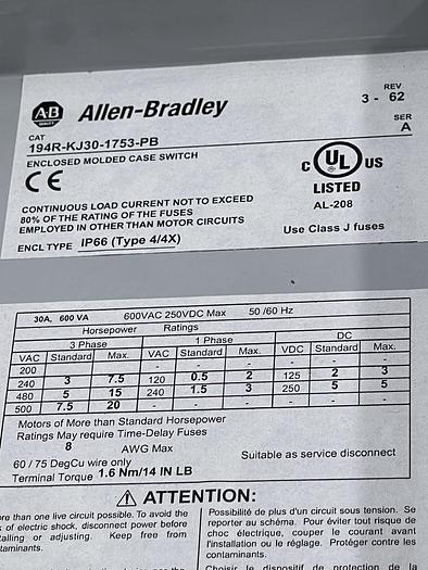 Used Allen-Bradley 194R-KJ30-1753-PB Ser A