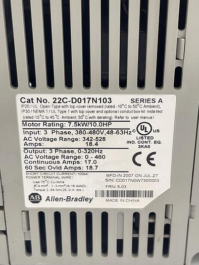 Used Allen-Bradley 22C-D017N103 Ser A 