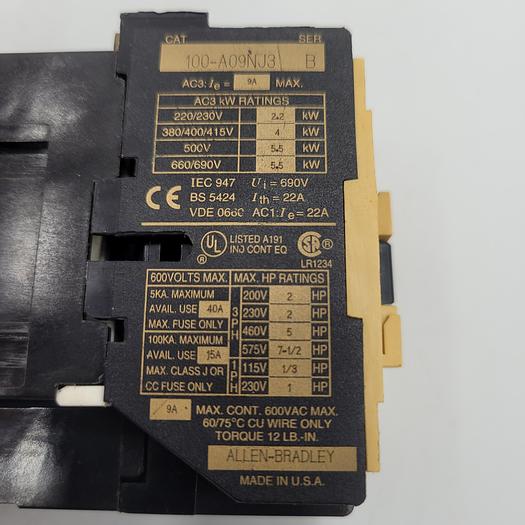 Used ALLEN BRADLEY 100-A09NJ3 SER B CONTACTOR
