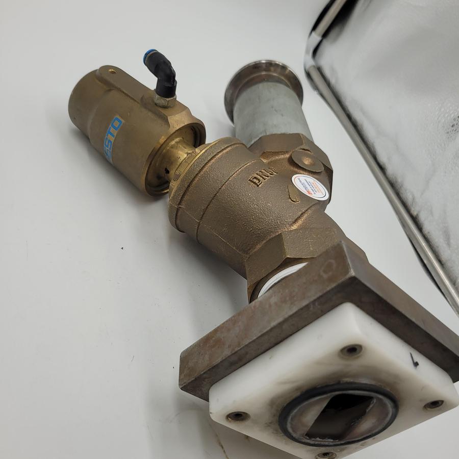 Used Festo Angle Seat type Pneumatic Actuated brass Valve VZXF-L-M22C-M-A-G2-430-H3B1-50-4 w/ base & 2" pipe connection